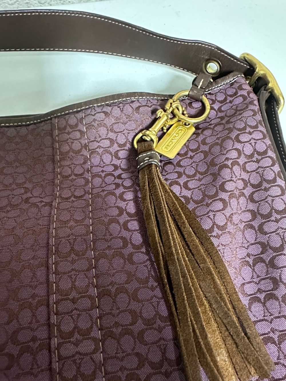 Coach Purple Signature Jacquard & Brown Suede Hobo with Tassel - Picture 2 of 13